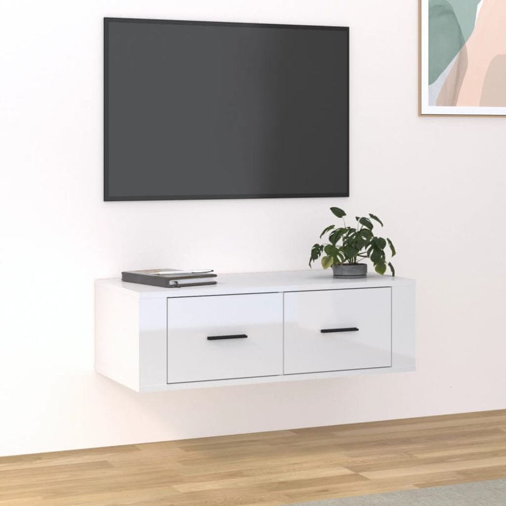 Vidaxl Závesná TV skrinka lesklá biela 80x36x25 cm spracované drevo